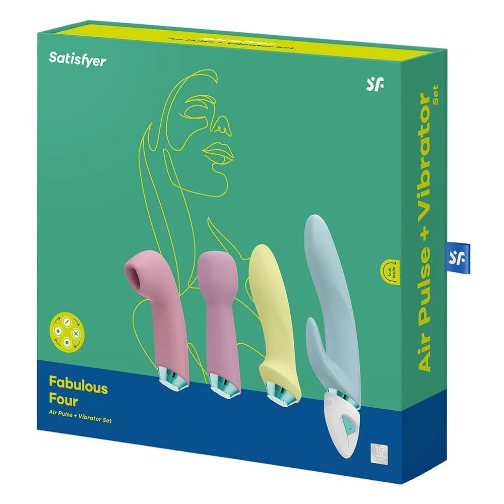 Coffret Satisfyer Fabulous Four avec 4 sextoys colorés en silicone hypoallergénique, moteur interchangeable, étanche IPX7.