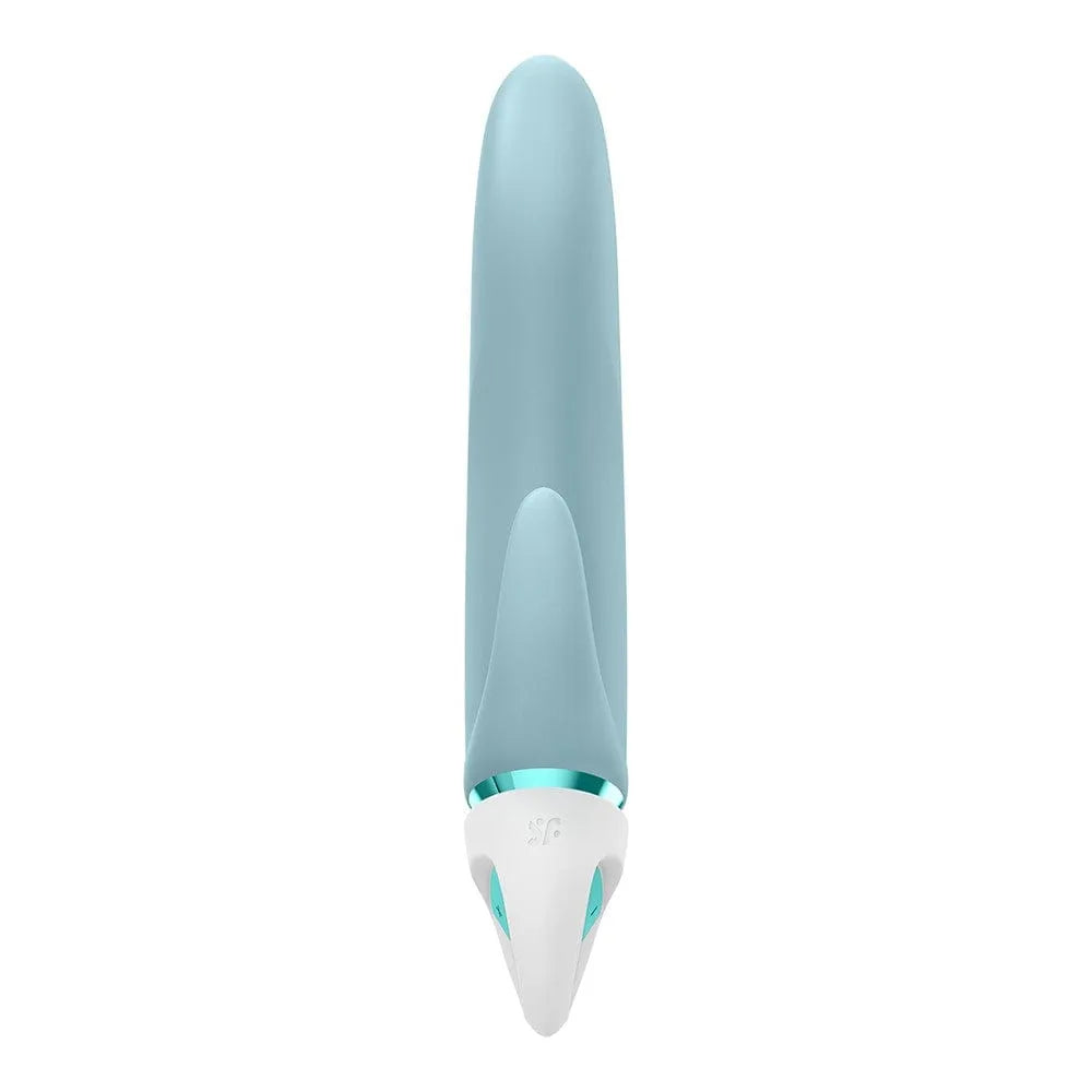 Coffret Satisfyer sextoys silicone bleu et blanc, forme ergonomique, moteur interchangeable, étanche IPX7, 21 modes.