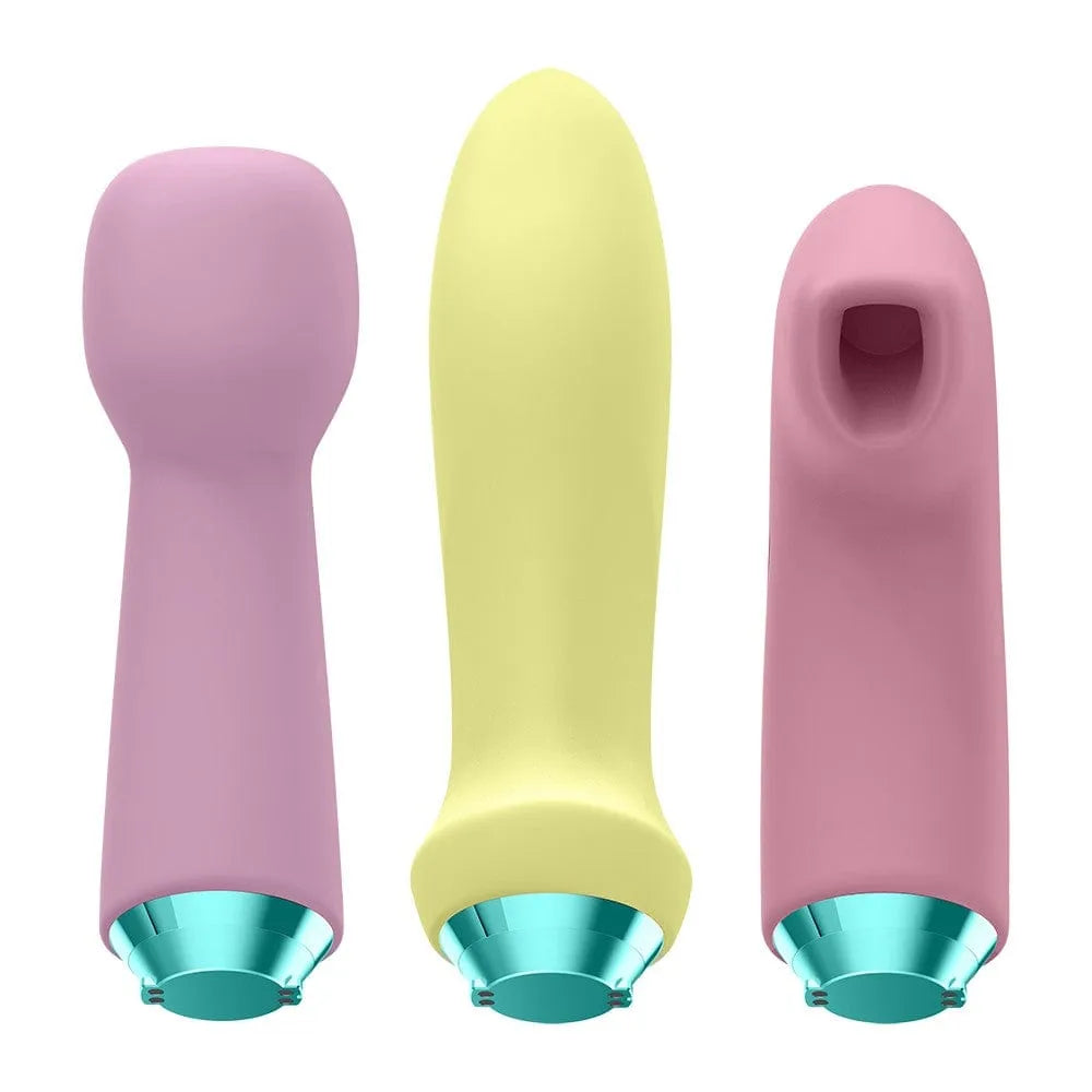 Coffret Satisfyer sextoys silicone pastel, formes variées, moteur interchangeable, étanche IPX7, 21 modes de plaisir.