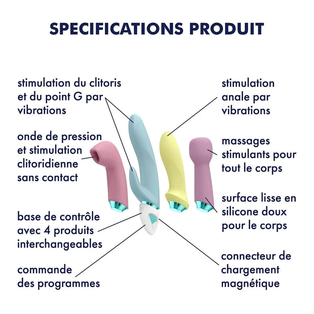 Coffret Satisfyer Fabulous Four, sextoys en silicone hypoallergénique, couleurs pastel, moteur interchangeable, étanche IPX7.