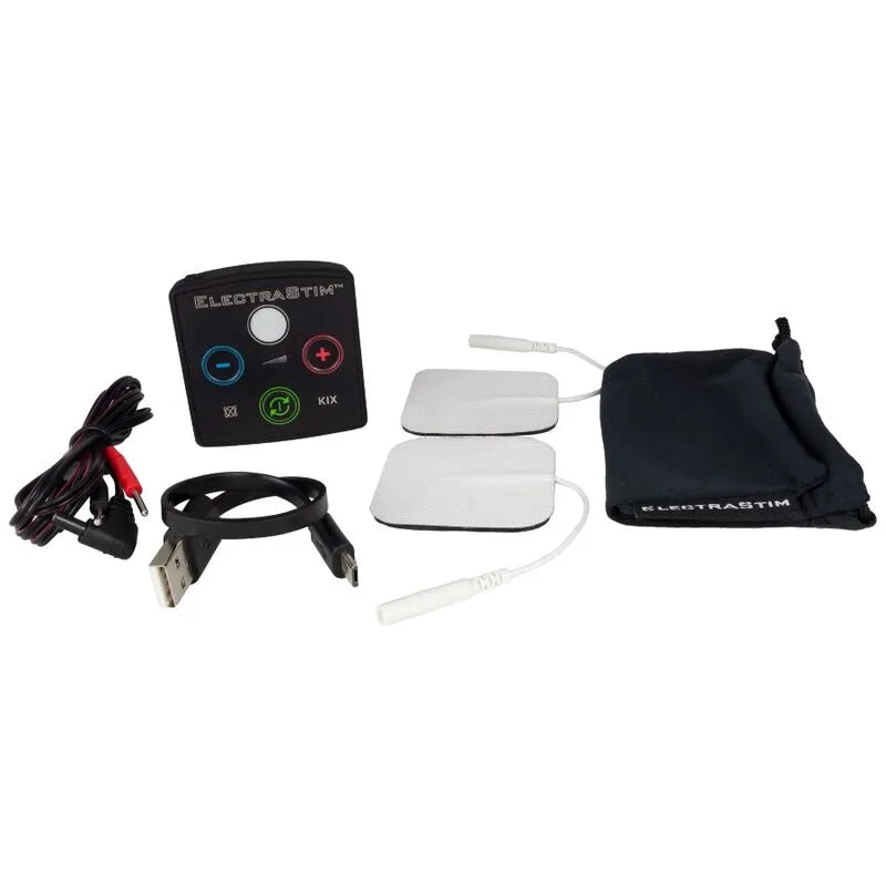 Électrostimulateur compact noir avec écran tactile, câbles USB, électrodes autocollantes blanches et pochette de rangement.