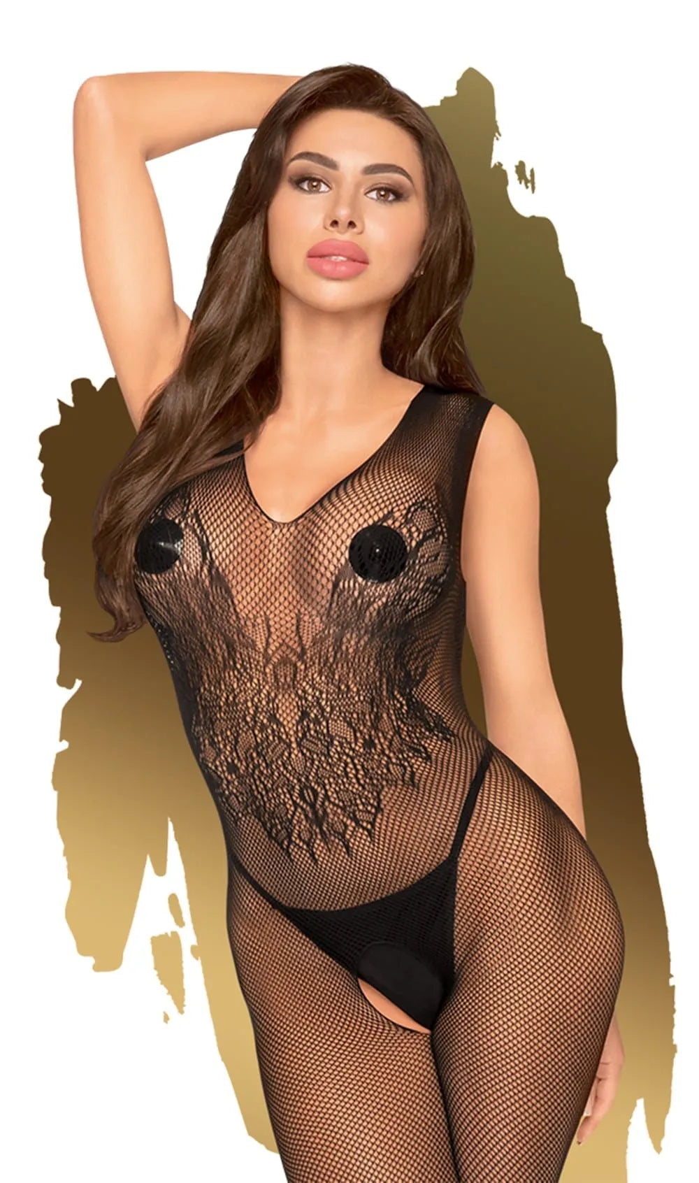 Combinaison lingerie noire résille dentelle, entrejambe ouvert, extensible, confortable, nylon élasthanne, taille S-L.