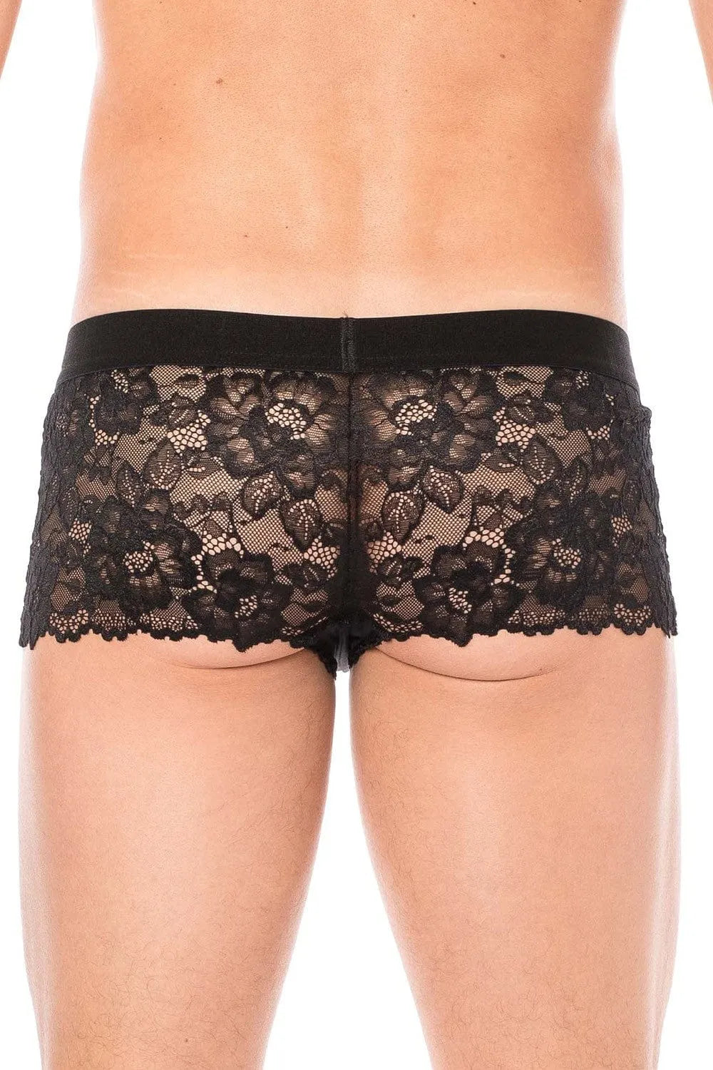 Boxer homme dentelle noire florale, ajusté, poche opaque, extensible, polyester élasthanne, confort et raffinement.