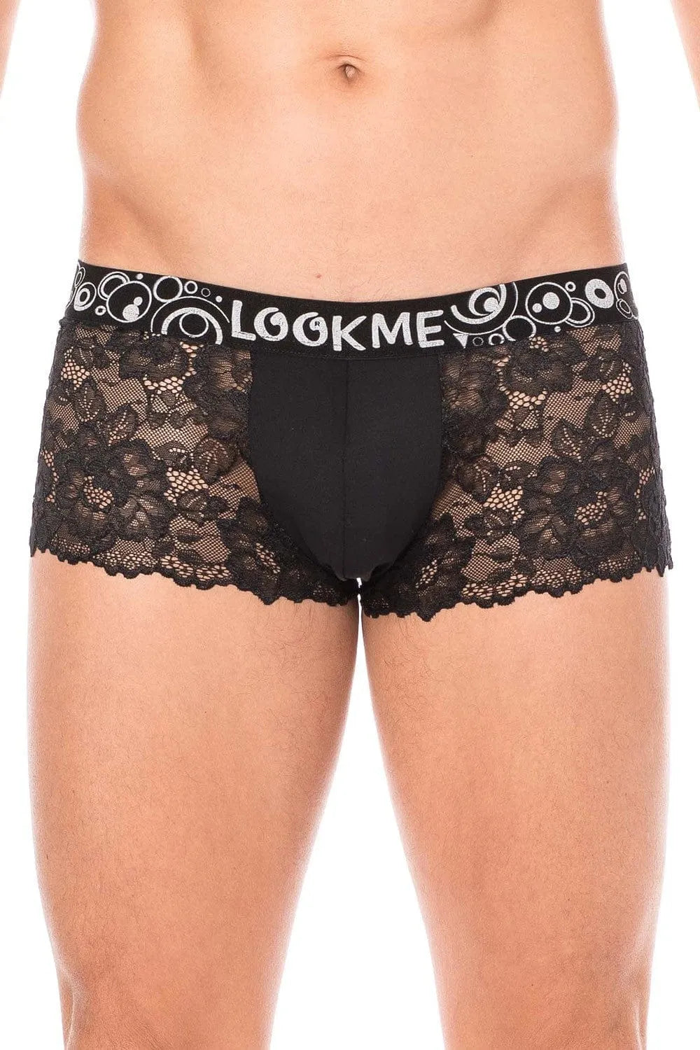 Boxer homme noir en dentelle florale, poche opaque, ajusté, polyester et élasthanne, confort et sophistication.