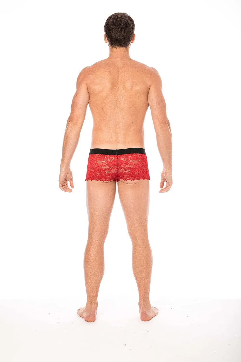 Boxer homme rouge en dentelle florale, poche opaque, taille ajustée, confort optimal, élégant et séduisant.