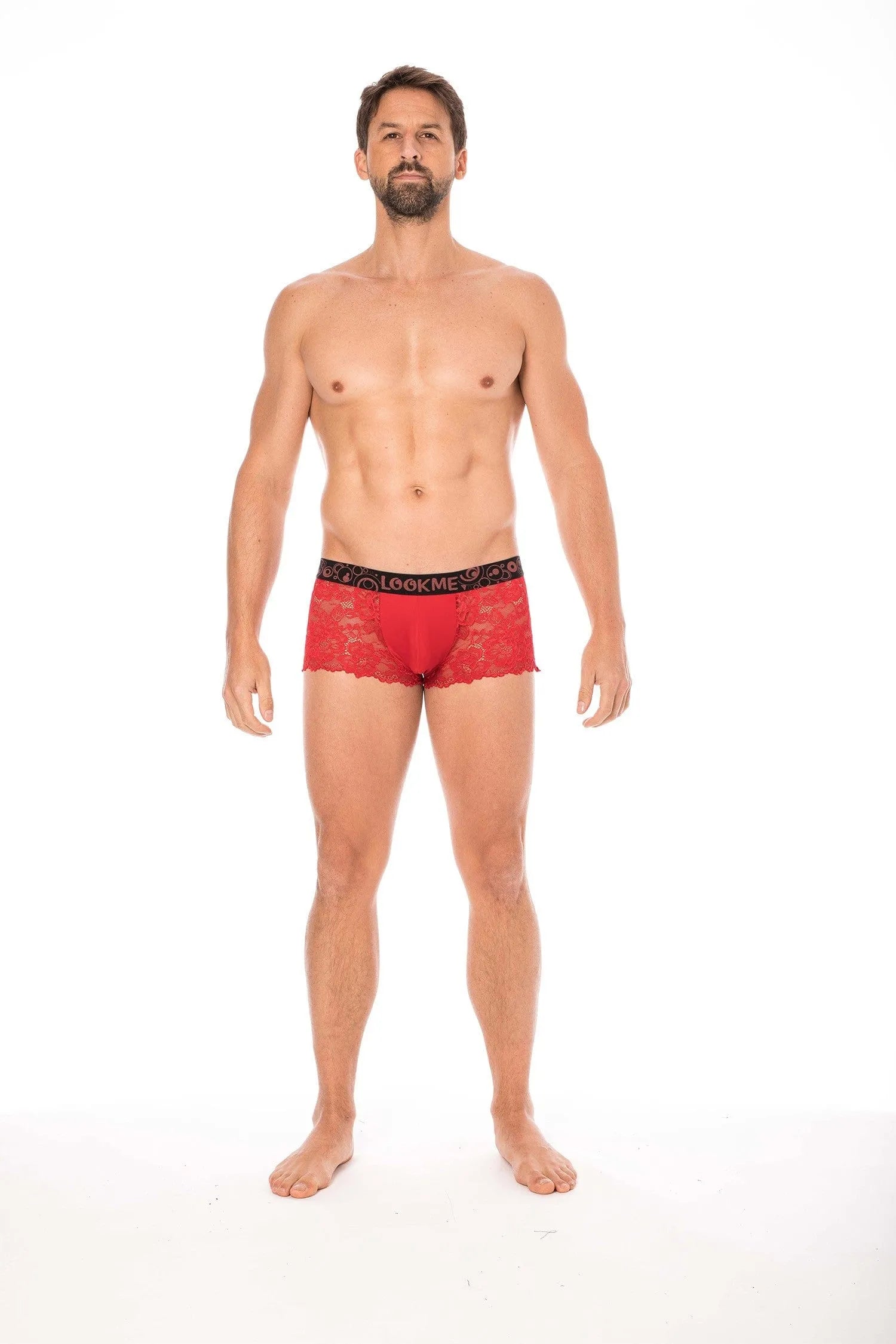 Boxer homme rouge dentelle florale, poche opaque, maintien affinant, confort optimal, élégant et respirant.