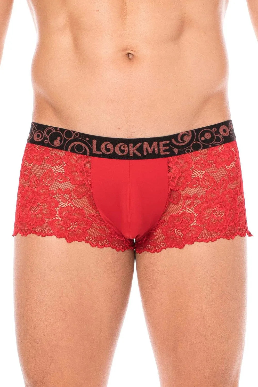 Boxer homme rouge en dentelle florale, poche opaque, confort optimal, élégant et ajusté, polyester et élasthanne.
