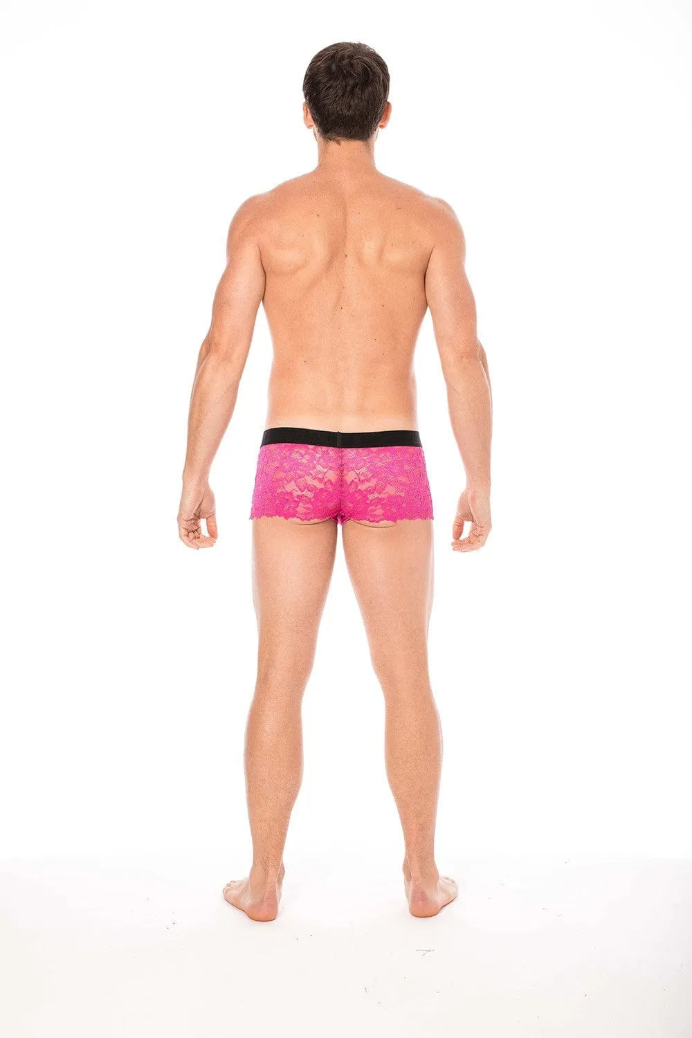Boxer homme dentelle magenta florale, poche opaque, maintien affinant, confort extensible, lingerie masculine audacieuse.