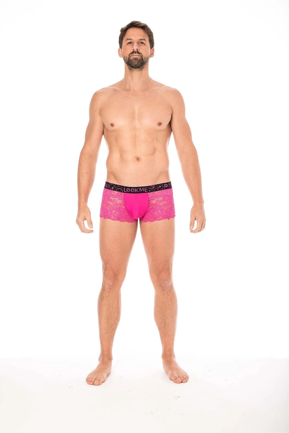 Boxer homme dentelle magenta florale, poche opaque, maintien affinant, confort extensible, polyester élasthanne.