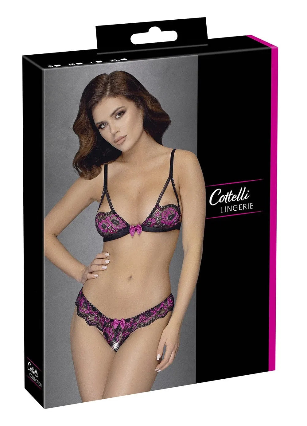 Ensemble lingerie dentelle rose noire, soutien-gorge souple, bonnets couvrants, culotte ouverte, bretelles réglables.