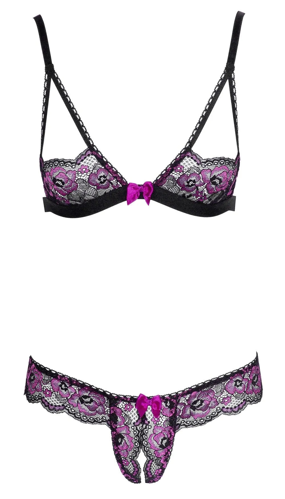 Ensemble lingerie dentelle bicolore rose et noire, soutien-gorge souple, bonnets couvrants, culotte ouverte entrejambe.