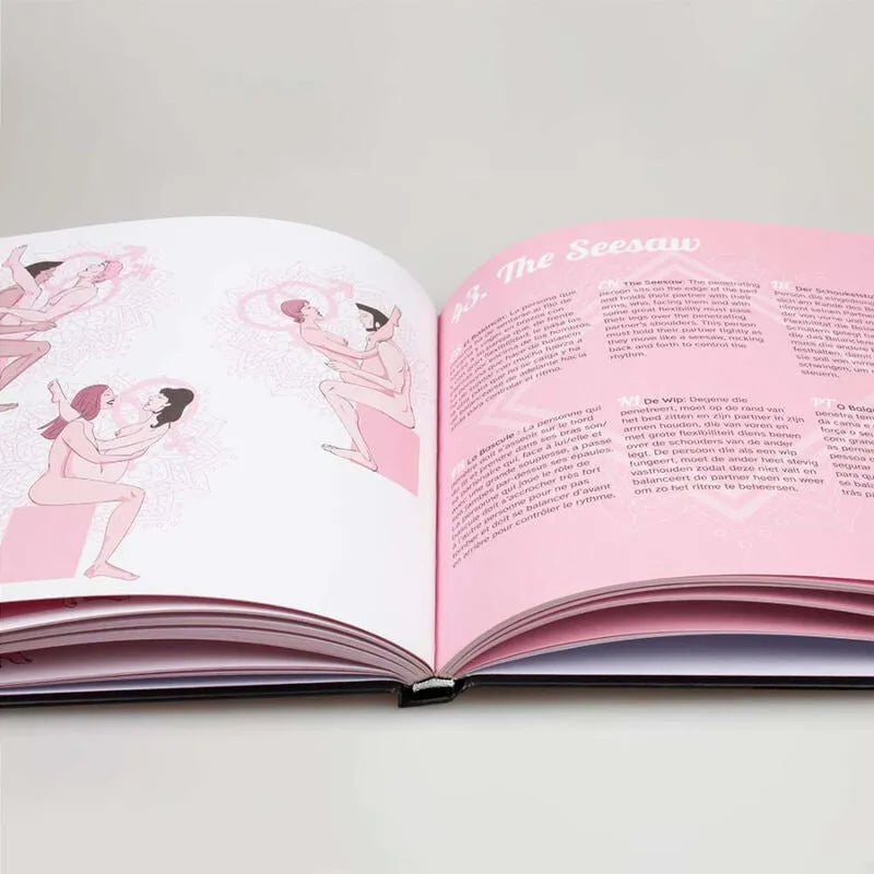 Livre érotique ouvert, pages illustrées en rose et blanc, guide positions sexuelles innovantes et créatives.