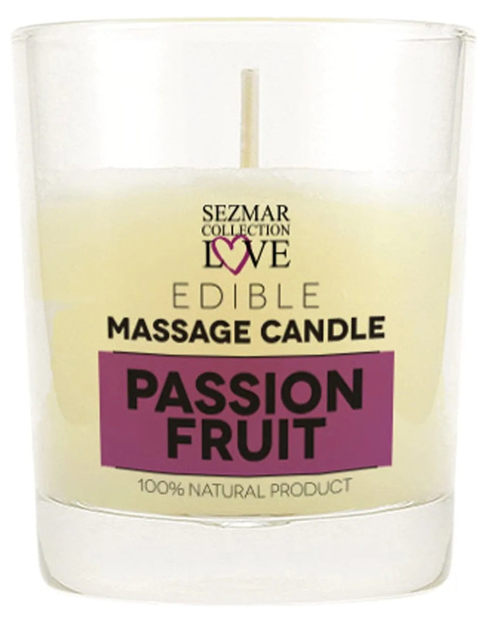 Bougie massage fruit de la passion, cire blanche, pot en verre transparent, ambiance sensuelle et nourrissante.