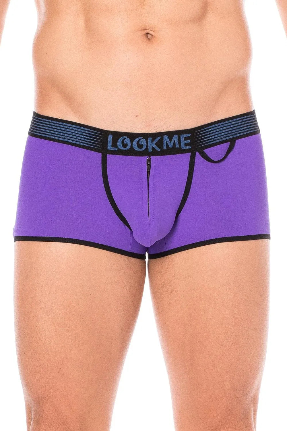 Culotte mini échancrée violette avec ceinture élastique noire Look Me, fermeture éclair frontale, style urbain audacieux.