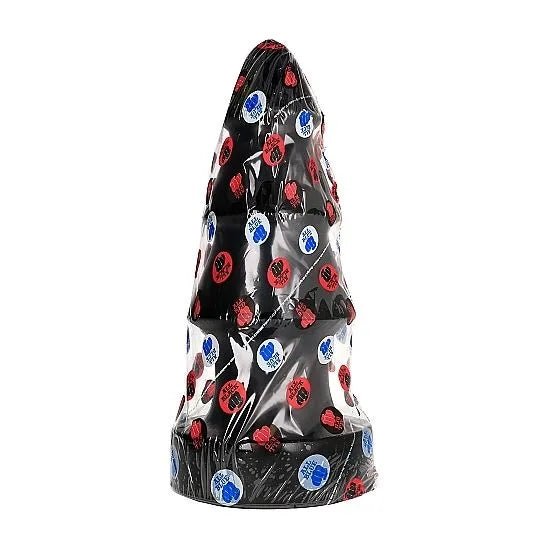 Plug anal noir sapin Noël, PVC hypoallergénique, grand format, emballage transparent, compatible lubrifiants silicone et eau.