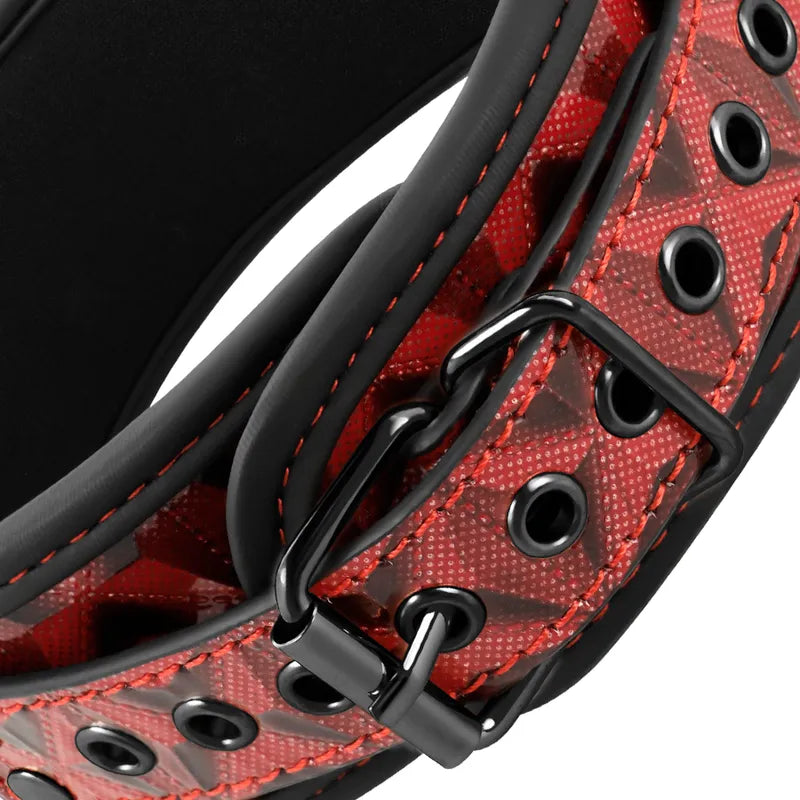 Collier BDSM rouge en métal sans nickel, cuir végétalien noir, boucle robuste, anneaux noirs, esthétique élégante et sûre.
