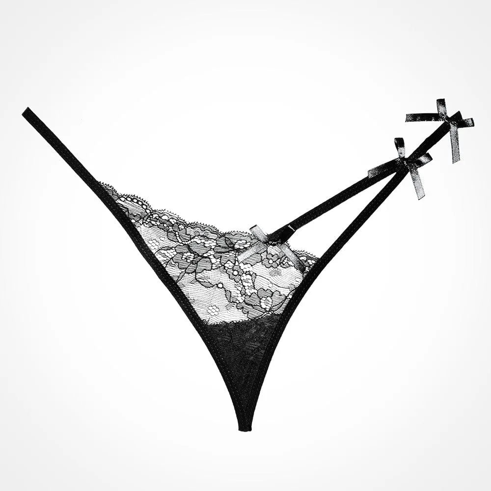 String Noir En Dentelle Avec Nœuds Satinés
