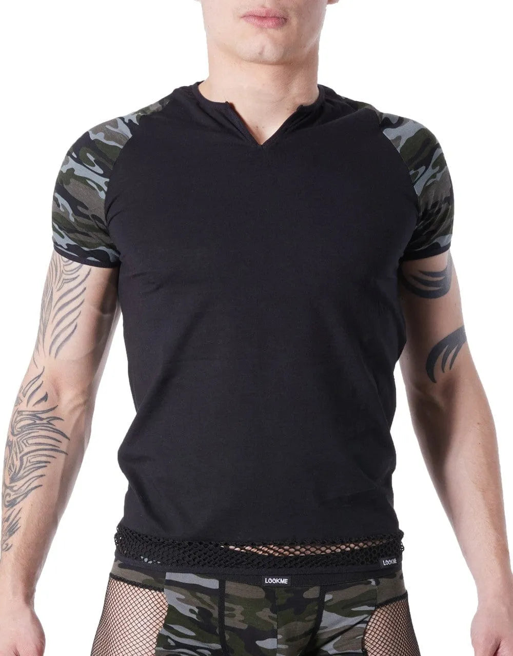 T-Shirt Noir Camouflage Manches Courtes Résille