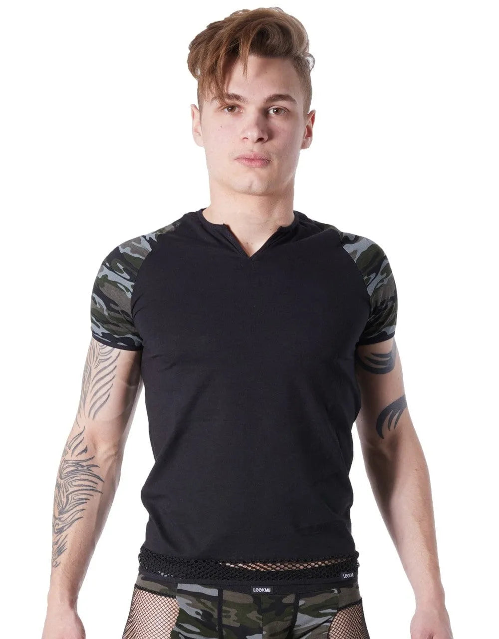 T-Shirt Noir Camouflage Manches Courtes Résille