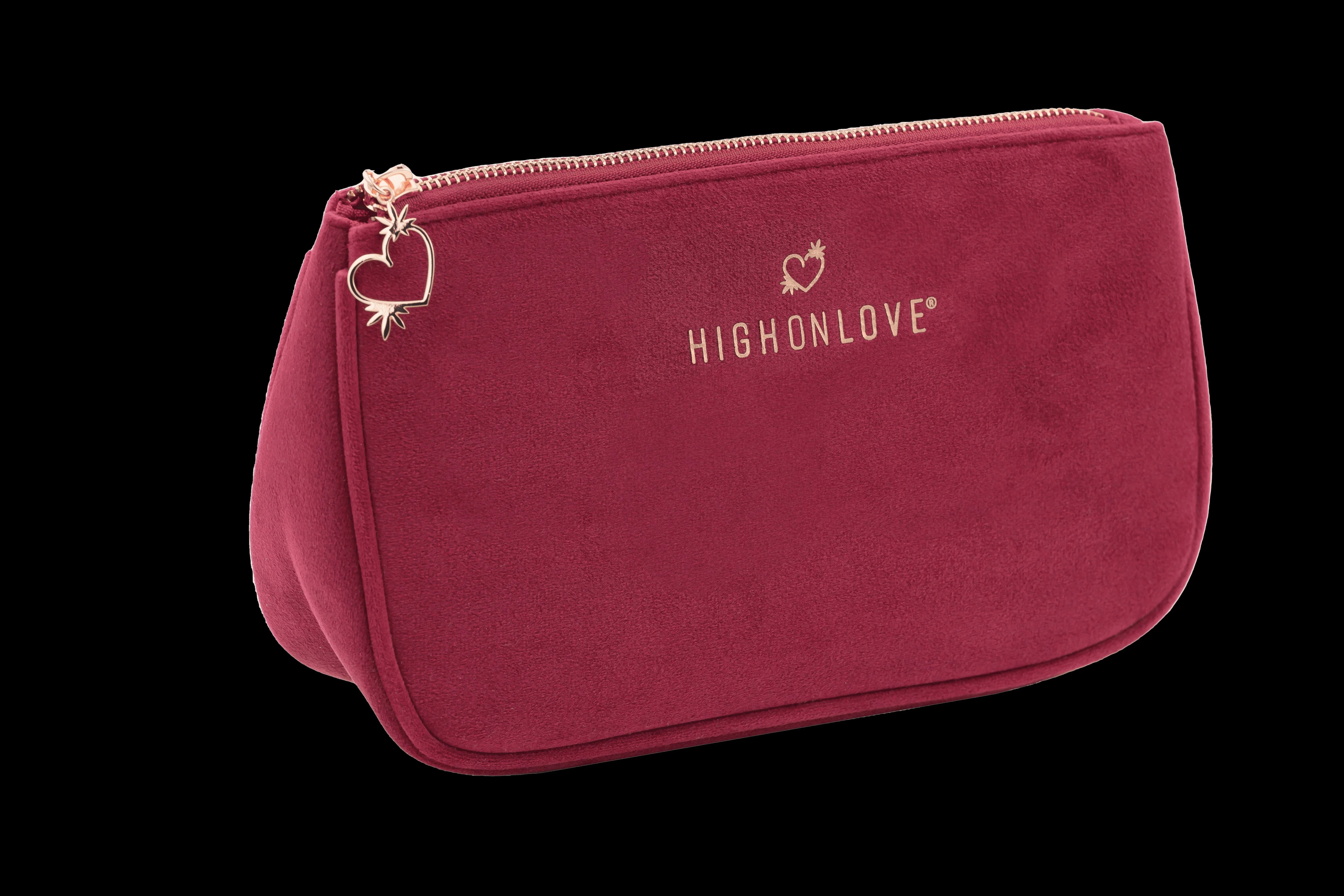 Pochette en velours High On Love design élégant fermeture éclair cœur rouge compartiments rangement produits beauté accessoires intimes
