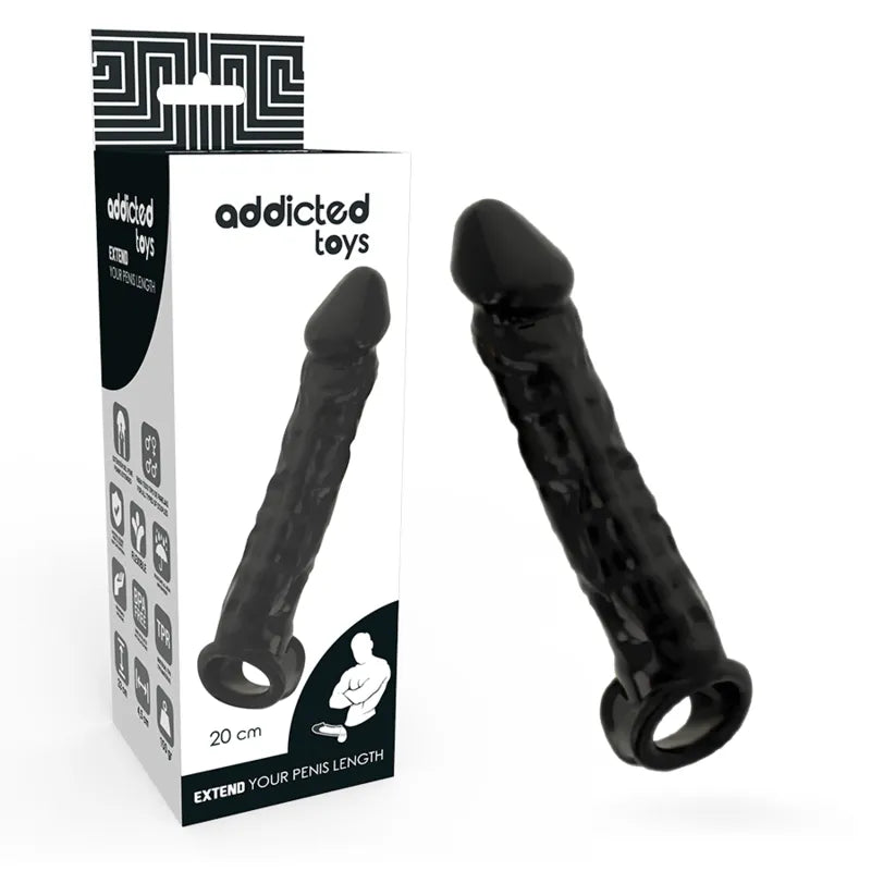 étui pénis élastomère noir souple durable allongement vingt cinq millimètres augmentation quatre millimètres circonférence contour stimulant anneau testicules maintien sécurisé