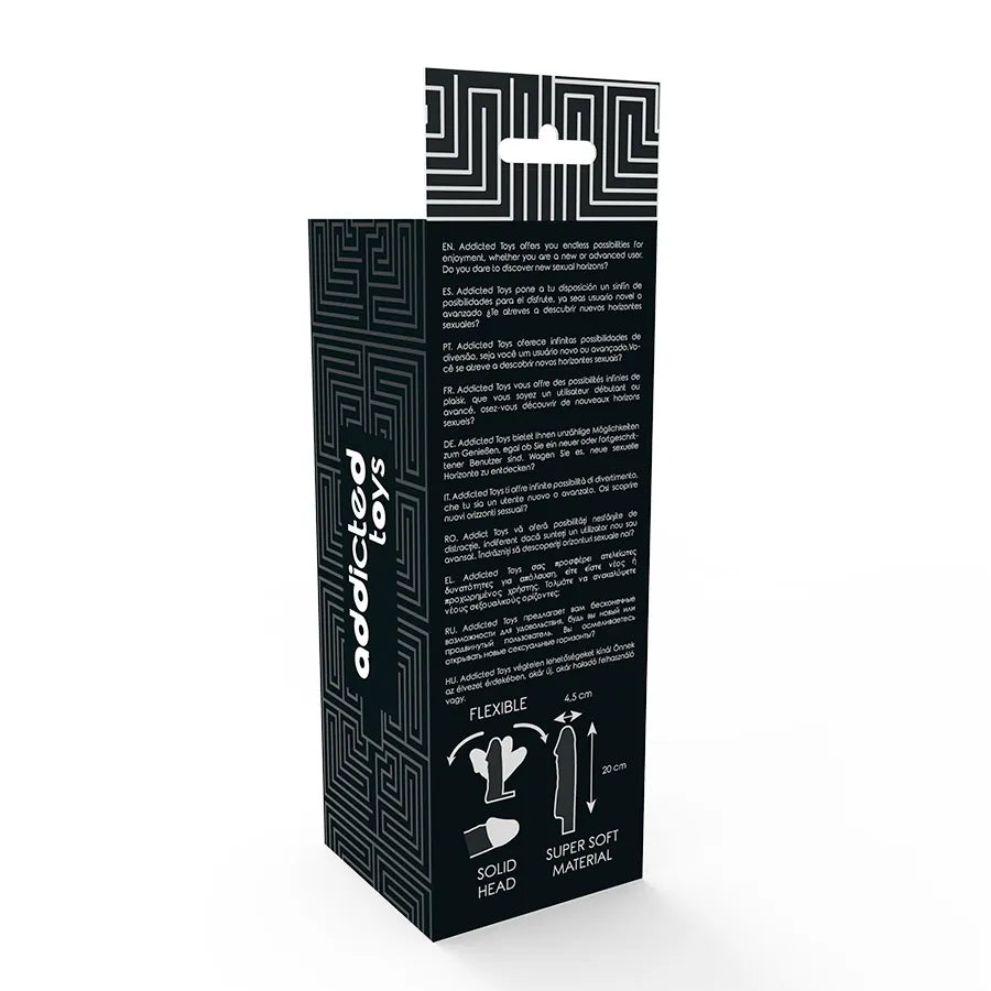 Étui pénis noir en élastomère souple, allongement 25mm, augmentation circonférence 4mm, design contour stimulant.