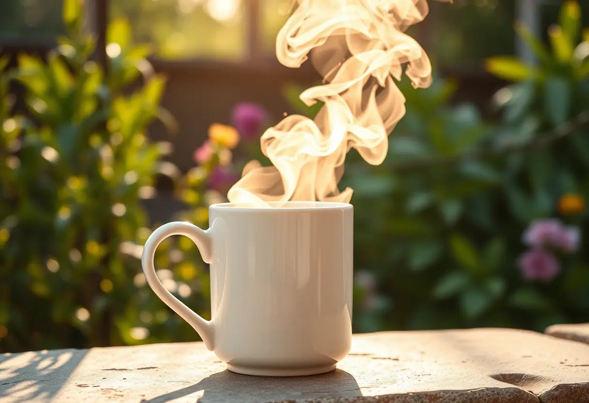 Mug de thé herbeux sur un comptoir de pierre dans un jardin