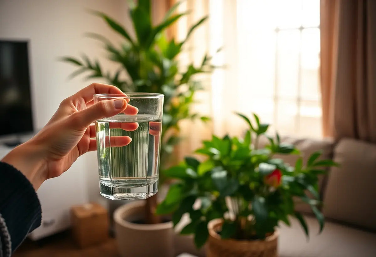 Une main féminine tient un verre d'eau près d'une plante en pot dans un salon chaleureux