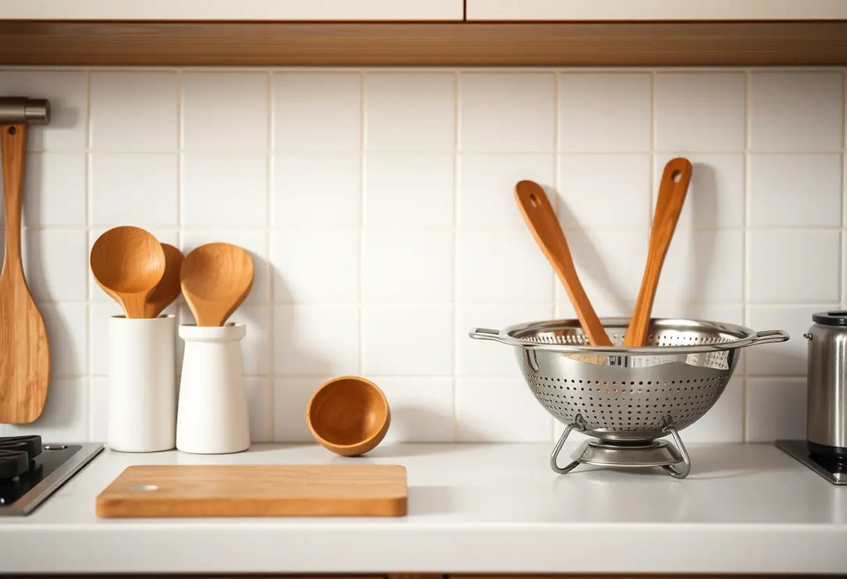 Un plan de travail de cuisine avec ustensiles, soulignant le rôle du plancher pelvien dans le soutien des organes internes.