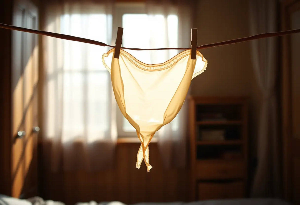 Préservatif en latex pendu à une corde à linge en bois, éclairé par la lumière du soleil