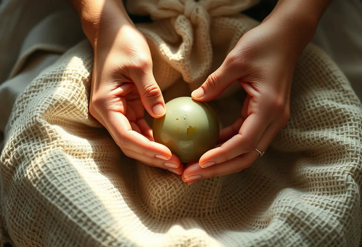 Des mains placent délicatement une boule de jade dans un sac en coton tissé, lumière venant du haut