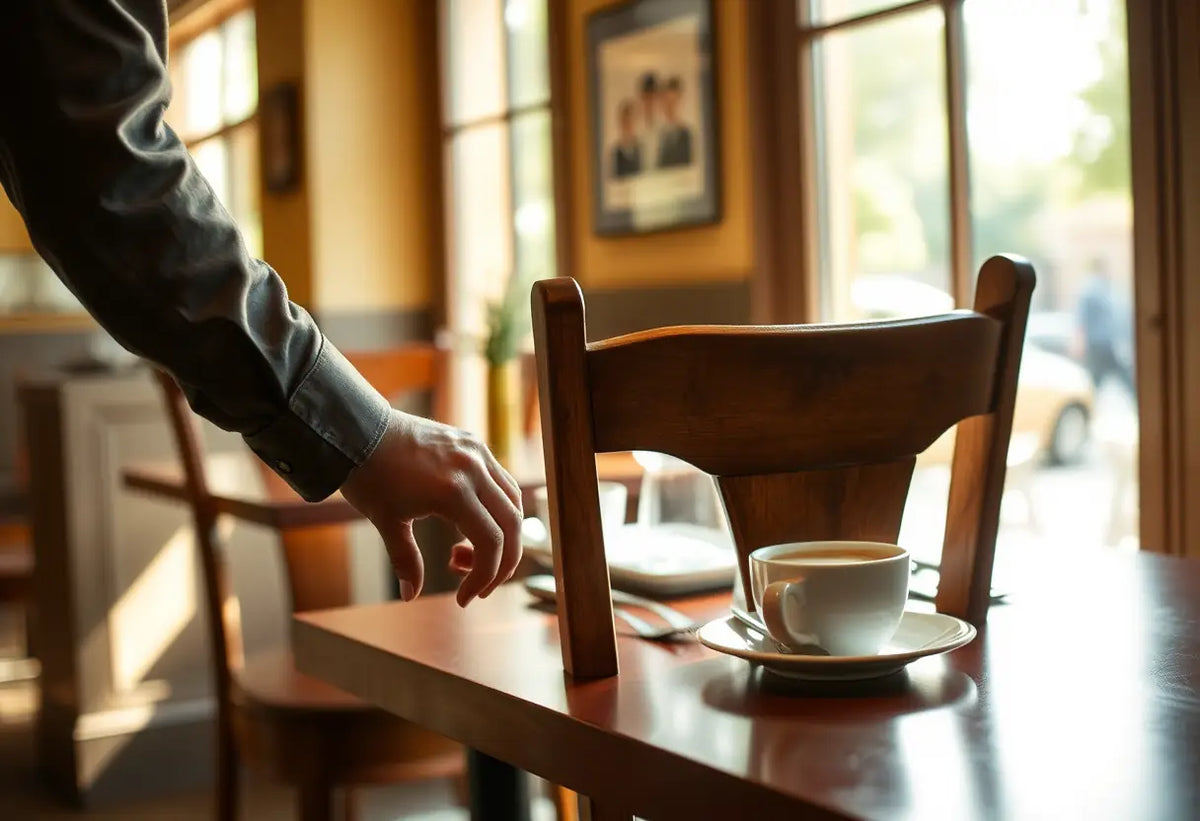 Une main ajuste une jambe de chaise dans un café accueillant