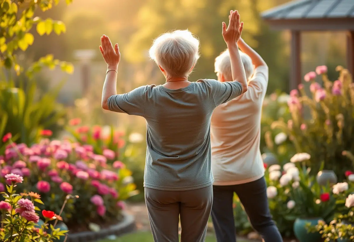 Deux seniors pratiquent le yoga ensemble dans un jardin paisible, entourés de fleurs en fleur