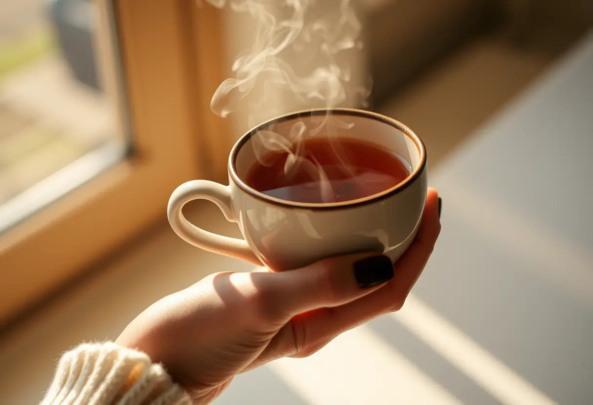Une main féminine tenant une tasse de thé chaud, éclairée par la lumière naturelle