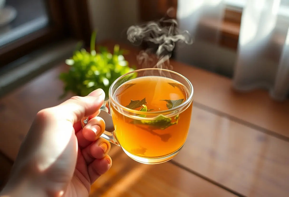 Une main tenant une tasse de thé herbeux, la vapeur se dégageant doucement