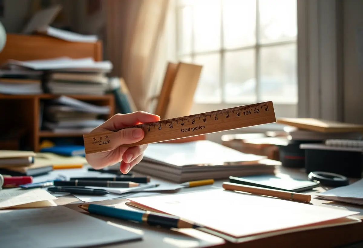 Main dans une pièce avec bureau, règle de bois