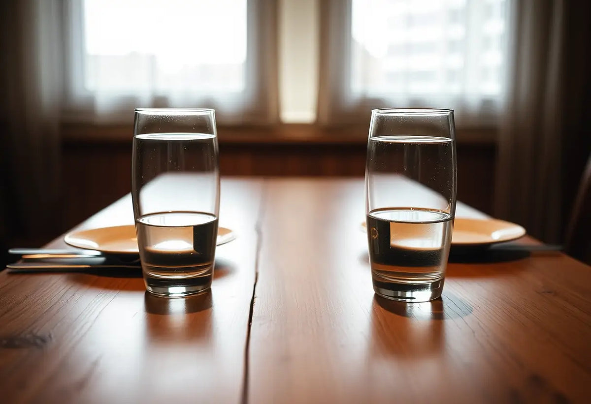 Table de restaurant avec deux verres d'eau, éclairage naturel