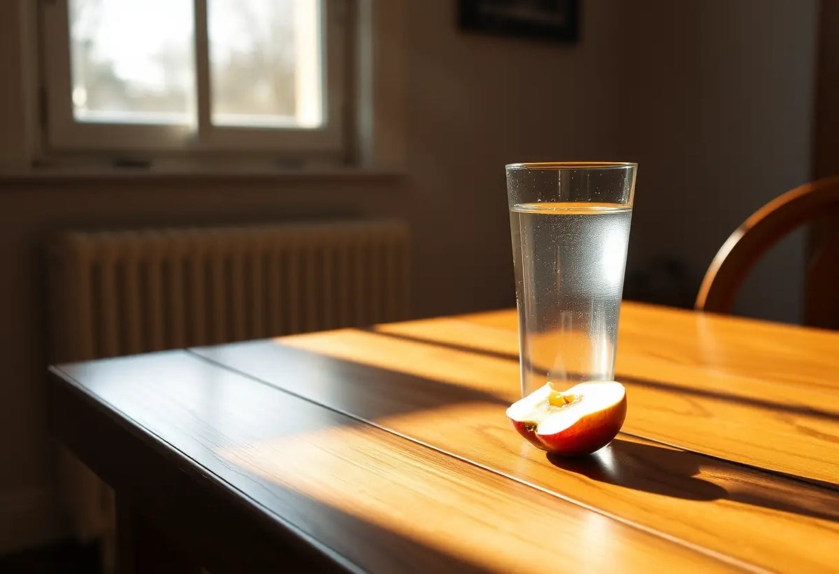Un bureau avec un verre d'eau et une pomme, baigné de lumière naturelle