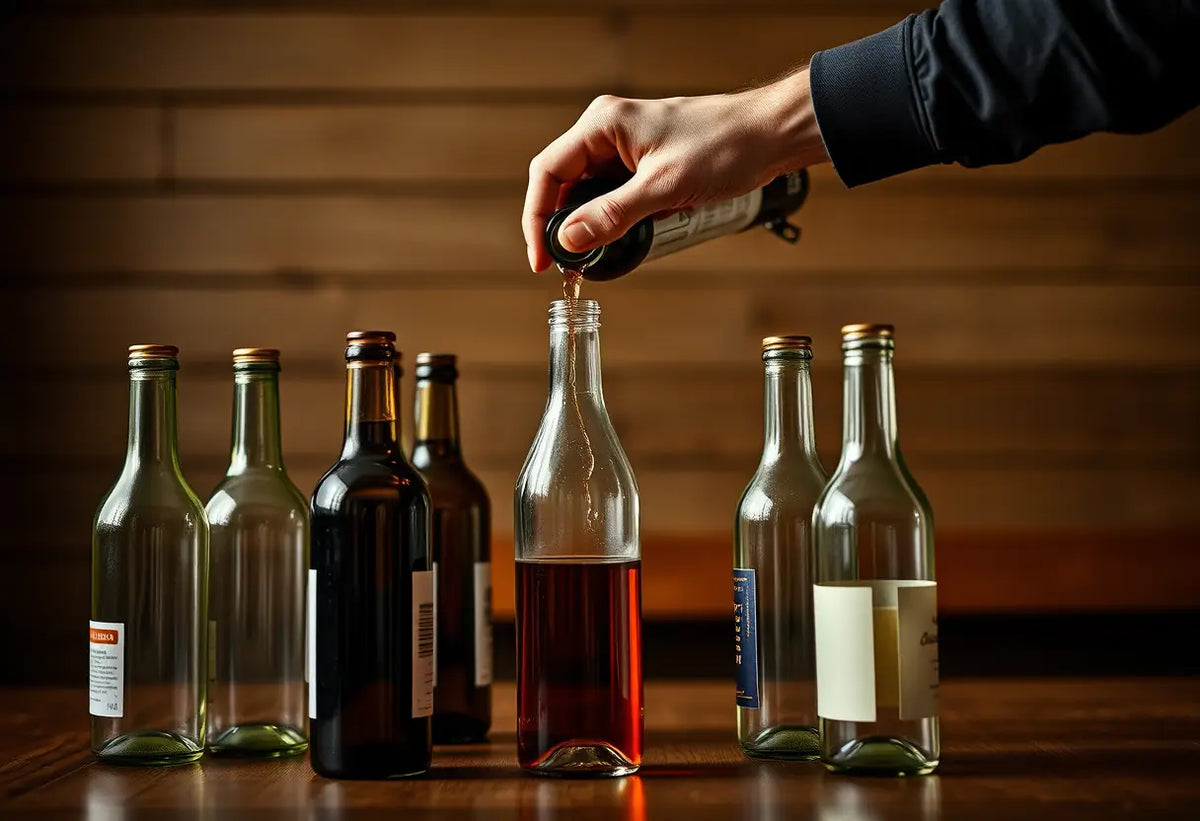 Une main verse du vin dans un verre, entouré de bouteilles vides sur une table