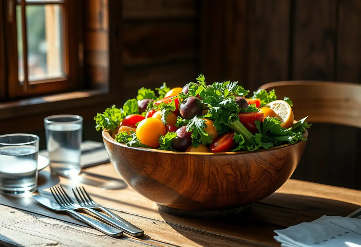 Un grand bol en bois rempli de légumes et de fruits colorés sur une table rustique