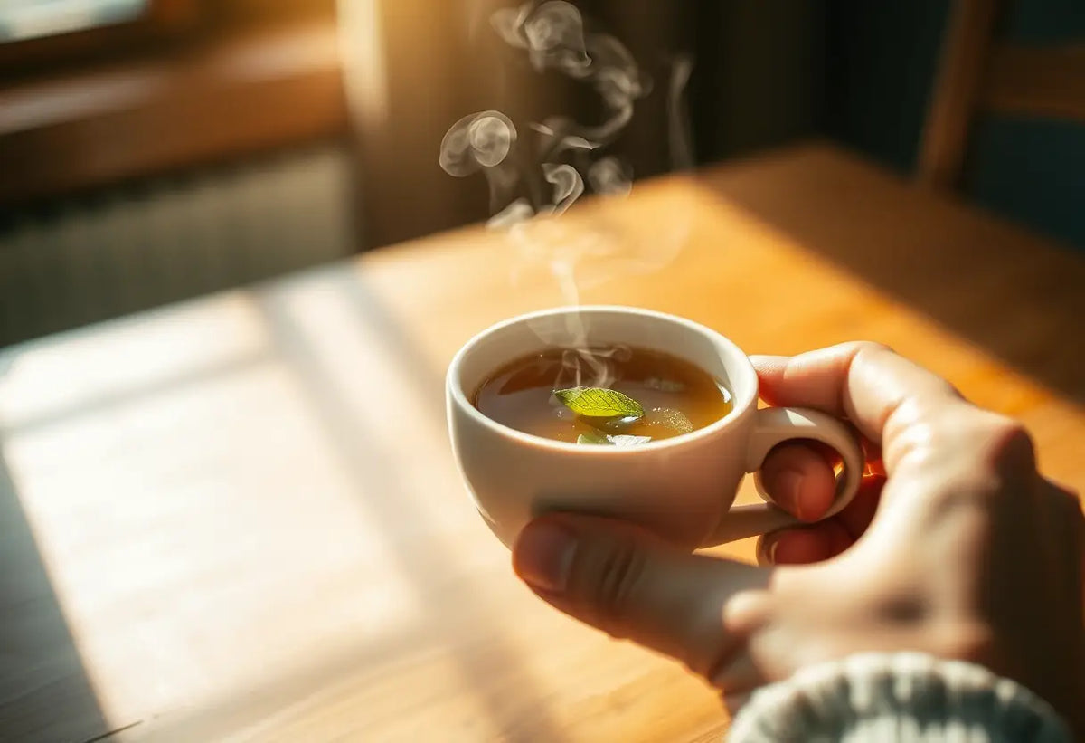 Une main tenant une tasse de thé herbagé, éclairée par la lumière naturelle