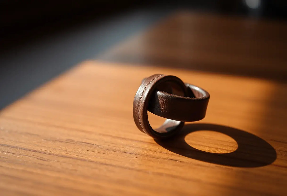 Anneau en cuir posé sur une table en bois, lumière naturelle