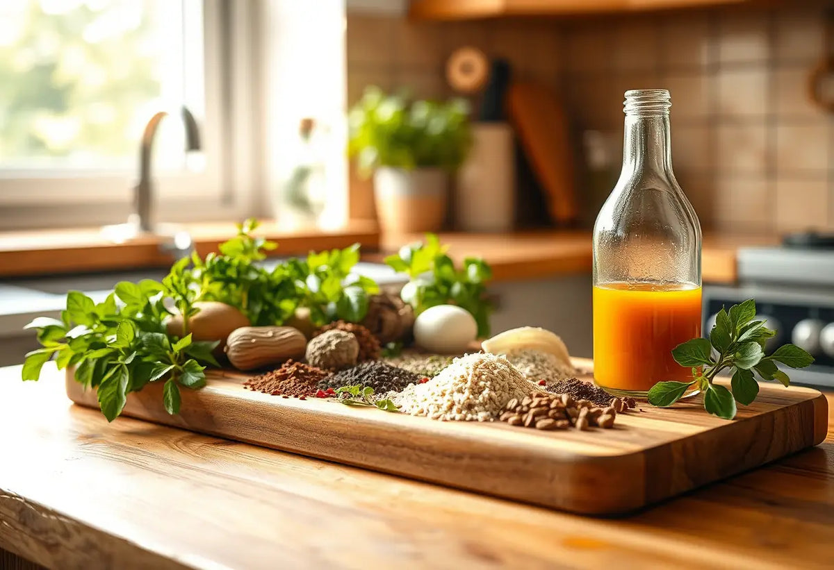 Un plan incluant des épices et des herbes fraîches sur un plan de travail, évoquant la recette aphrodisiaque