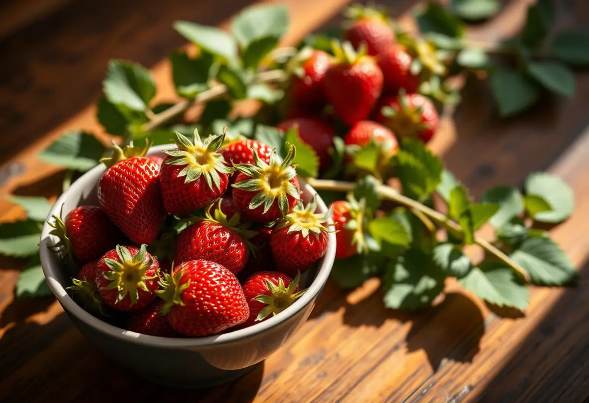 Un bol de fraises fraîches sur une table en bois