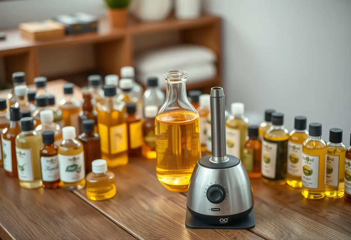 Tableau avec bouteilles d'huile et chauffe-huile pour massage