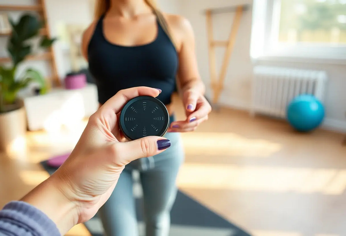 Main photo d'un appareil de rééducation périnée posé près d'un tapis de yoga