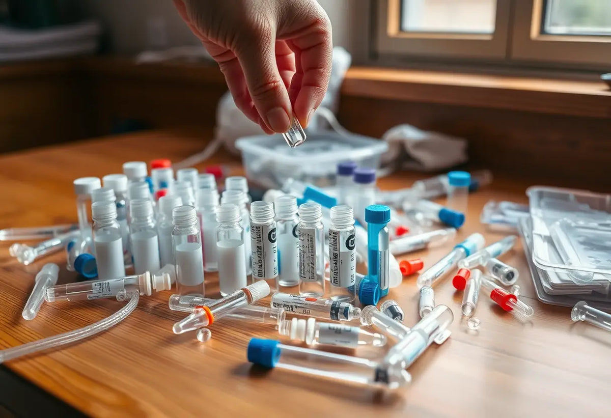 Un plan de comptoir avec des fioles et des tubes pour un kit d'insémination artificielle.
