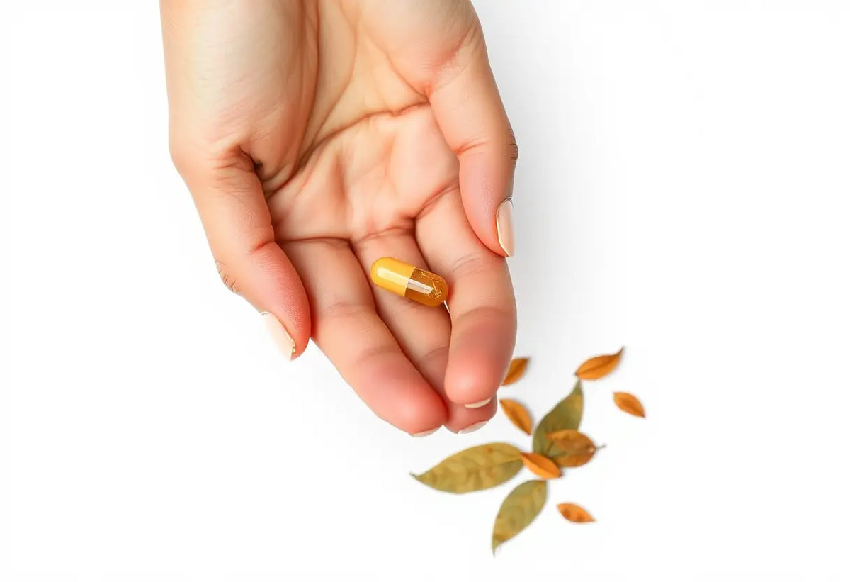 Une main tenant une capsule herbagère avec des feuilles sèches d'ashwagandha autour