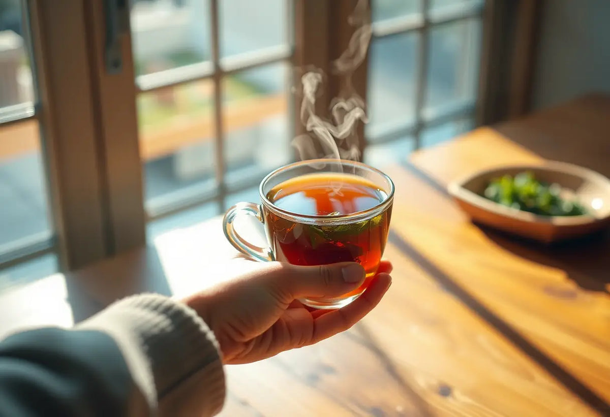 Une main tenant une tasse de thé chaud sur une table en bois, lumière naturelle