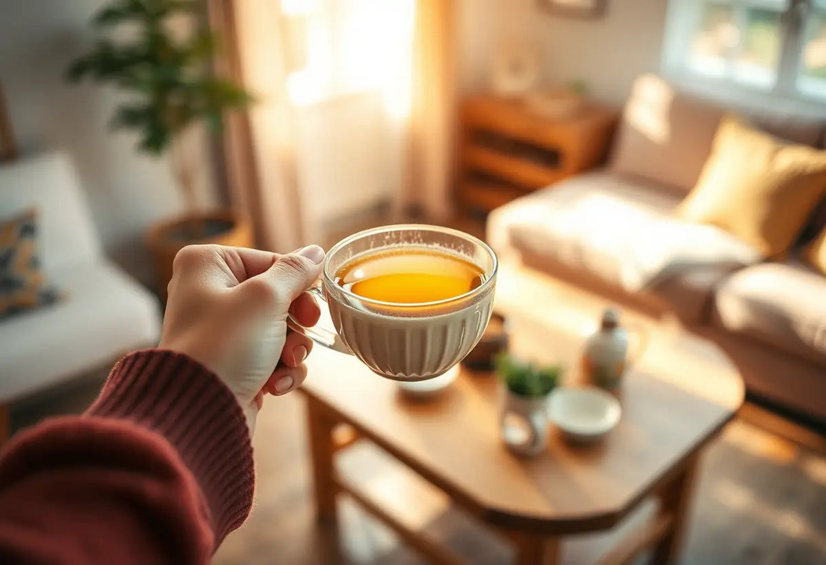 Une main féminine tient une tasse d'infusion dans un salon accueillant, favorisant la libido naturellement.